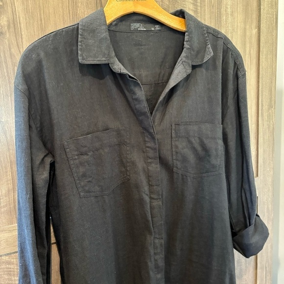 PRANA Medium Shirt Dress La Noa Long Roll Tab Sleeve Button Black Hemp Blend - Picture 5 of 13